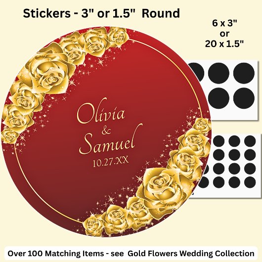 Datum + Bruid Bruidegom Namen, Gouden Bloemen Donk Ronde Sticker