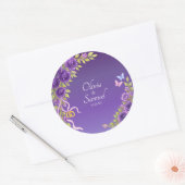 Datum + Bruid, Bruidegom Namen Paarse Mauve Bloeme Ronde Sticker (Envelop)
