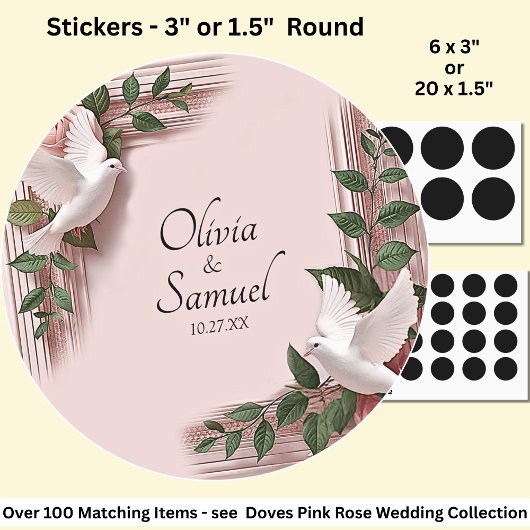 Datum + Bruid, Bruidegom Namen Roze Rozen & Duiven Ronde Sticker