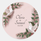 Datum + Bruid, Bruidegom Namen Roze Rozen & Duiven Ronde Sticker (Voorkant)