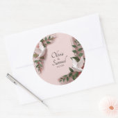 Datum + Bruid, Bruidegom Namen Roze Rozen & Duiven Ronde Sticker (Envelop)