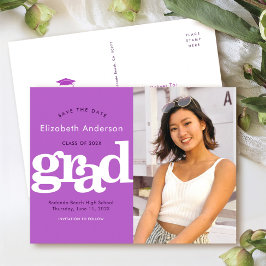 Datum opslaan paarse afstuderen foto vet typografi uitnodiging briefkaart