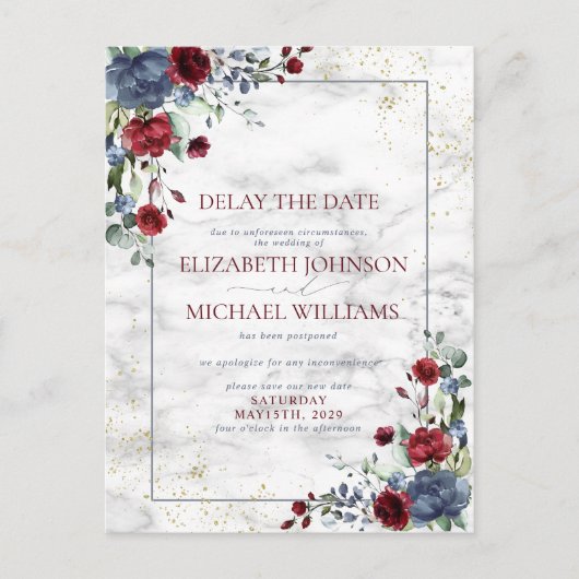 Datum van huwelijk Uitstel Blue Burgundy Floral Aankondigingskaart (Voorkant)