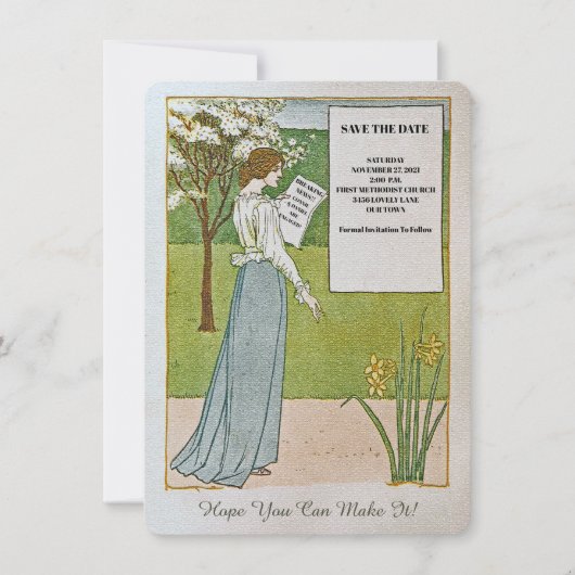 DATUM VASTGEZET/NIEUWSTIJDING/VROUW LEEST KOP SAVE THE DATE (Voorkant)