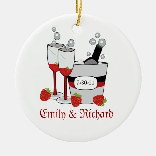 Datum Vrijgezellenfeest champagne en aardbeien Keramisch Ornament (Voorkant)