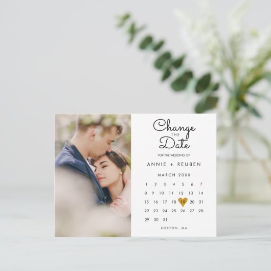 Datum wijzigen Kalender Goud Hart Foto Briefkaart (Staand voorkant)