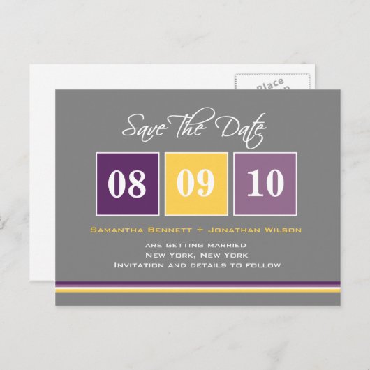Datumblokken Save the date - Paarse/geel Aankondigingskaart (Voorkant / Achterkant)