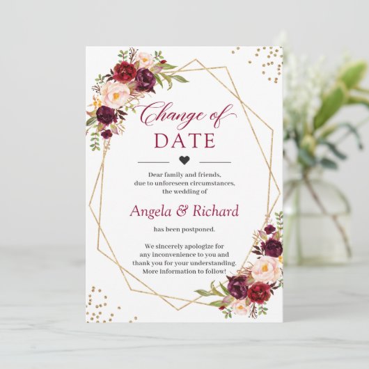 Datumswijziging Bourgondië Rode Bloem Goud Geometr Kaart (Staand voorkant)