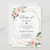 Datumwijziging Blush Roze Bloem Goud Geometrisch Kaart (Voorkant)