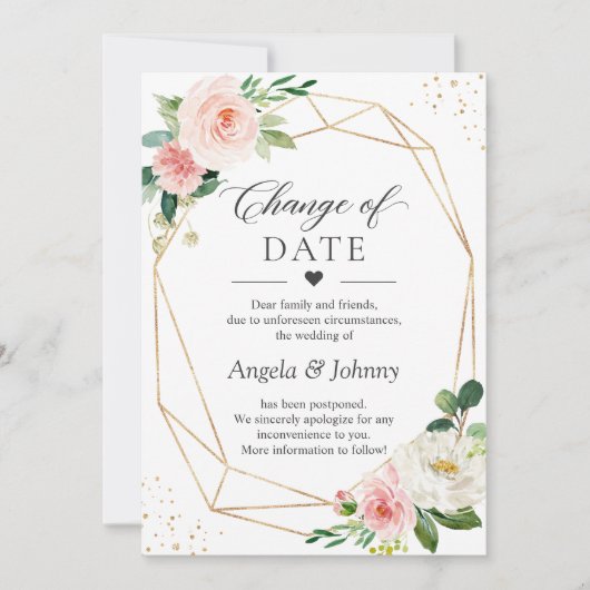 Datumwijziging Blush Roze Bloemengoud Geometrisch Kaart (Voorkant)