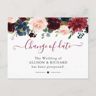 Datumwijziging Burgundy Blush Navy Bloemen Nieuwe  Briefkaart