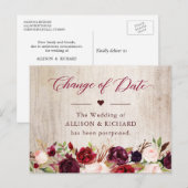 Datumwijziging Rustic Wood Bourgondië Rode Bloemen Briefkaart (Voorkant / Achterkant)