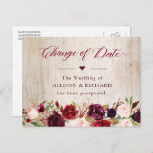Datumwijziging Rustic Wood Burgundy Rood Bloemig Briefkaart (Voorkant / Achterkant)