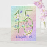 Daughter 15th Birthday Butterfly Garden Kaart<br><div class="desc">Een regenboog van kleuren, roze bloemen en lavender vlinders vult deze 15e Happy Birthday-kaart met blijdschap voor de dochter. De voornaam en de binnenzijde mogen gepersonaliseerd zijn met behulp van de sjabloon die wordt verstrekt. Je kunt ook genieten van de overeenkomende cadeaus en andere producten die in mijn winkel beschikbaar...</div>