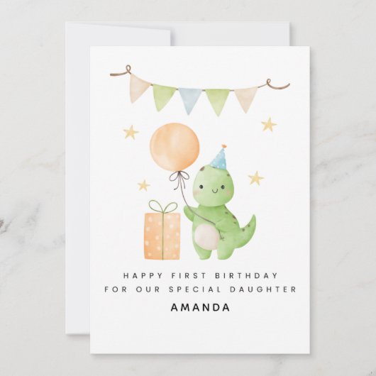 Daughter 1st Birthday Card Watercolor Dinosaur Kaart (Voorkant)
