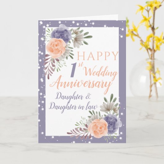 Daughter 1st Weddenschap Jubileum Paarse Vloer Kaart (Gele Bloem)