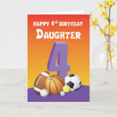 Daughter 4th Birthday Sports Balls Kaart (Gele Bloem)