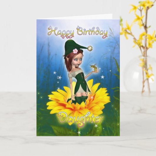 Daughter, Birthday Kaart - Fantasy Schattige Elf o (Gele Bloem)