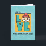 Daughter Birthday, Love Gnomen No Bounds Kaart<br><div class="desc">Schattige Birthday-kaart voor uw dochter met een slimme woordspeling in het buitengevoel. De kleurrijke,  geïllustreerde cartoon heeft een tuingnoom met witte baard en rood pet op oranje achtergrond,  die blauwgroen met het retro-daisy patroon is omgevormd. Ik wil een glimlach van je liefje krijgen.</div>