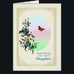 Daughter Birthday met Flowers<br><div class="desc">Een mooie florale verjaardagskaart voor een dochter. Een mooi boeket van blauwe en witte bloemen met een bruine vlinder tijdens de vlucht. Het afbeelding heeft een delicaat gouden lijst.</div>