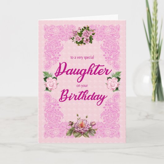 Daughter Birthday met roze Roses Kaart (Voorkant)