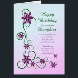 Daughter Birthday met Scrolls en Flowers<br><div class="desc">Een elegante en mooie verjaardagskaart. Een perfecte kaart om je dochter te geven. Paars bloemen en glitterijrollen maken een speciale verjaardagskaart.</div>