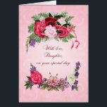 Daughter Birthday Prachtige Rozen<br><div class="desc">Deze verjaardagskaart voor een dochter heeft mooie rozen in volle bloei. De roze achtergrond heeft bleke roze rozen die doorzien. Een prachtige,  traditionele verjaardagskaart die echt vreugde zal geven.</div>