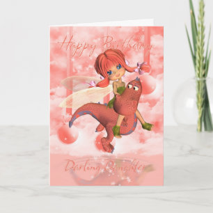 Daughter Cute Birthday-kaart, roze draak en fee Kaart