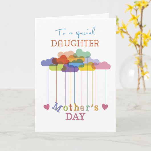 Daughter, Cute Moederdag Rainbow Clouds Hearts Kaart (Gele Bloem)