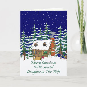 Daughter en vrouw voor Kerstmis met Log Cabin Feestdagen Kaart