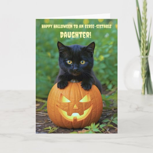 Daughter Happy Halloween Schattigee Zwarte Kat Kit Kaart (Voorkant)
