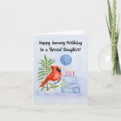 Daughter Happy January Birthday Cardinal with Cake Kaart (Voorkant)