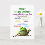 Daughter-in-Law, Birthday, Frog Jokes Kaart<br><div class="desc">Een grappige verjaardagskaart voor je schoondochter. Veel slechte kikkergrappen. Een coole kikker zet zijn duim op het show dat hij van de grappen houdt. lach maar ook een leuke verjaardagskaart .</div>