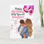 Daughter moeder child illustration ballonnen moder kaart<br><div class="desc">Een mooie illustratie van een vrouw met lang blonde haar, die een brunette haren kind in haar armen houdt, is omringd door zacht roze confetti linten en heeft een hoop paarse en fuchsia gekleurde ballonnen die boven haar zweven. De woorden, de gelukkige verjaardag van een zeer speciale dochter (die kan...</div>