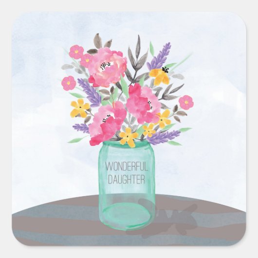 Daughter Moederdag Mason Jar Vase Vierkante Sticker (Voorkant)