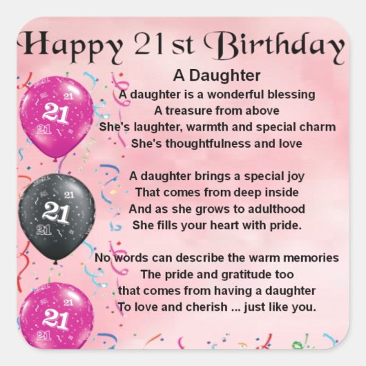 Daughter Poem 21st Birthday Vierkante Sticker (Voorkant)