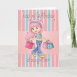 Daughter Shoping Birthday Card - Cute Vrouw met Kaart<br><div class="desc">Daughter Shopping Birthday Card - Kute Vrouw met winkelzakken</div>