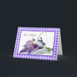 Daughter's Birthday Iris Bouquet Kaart<br><div class="desc">Iris bouquet in white gathering basket with purple gingham border.</div>