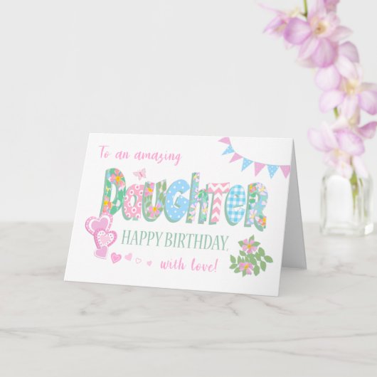 Daughter's Birthday met Dog Rozen Hearts Bunting Kaart (Orchidee)