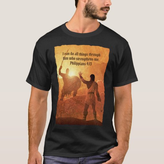 David en Goliath | Bijbelvers zwart T-shirt (Voorkant)