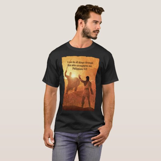 David en Goliath | Bijbelvers zwart T-shirt (Voorkant volledig)