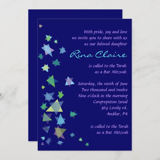 David Ster Bar Bat Mitzvah Uitnodiging Invite (Voorkant / Achterkant)