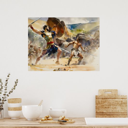 David vecht tegen machtige Goliath Poster (Keuken)