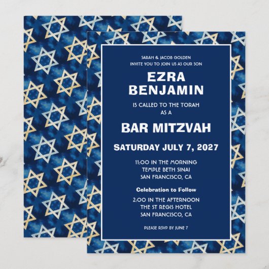 David Waterverf Custom Bar Bat Mitzvah Kaart (Voorkant / Achterkant)