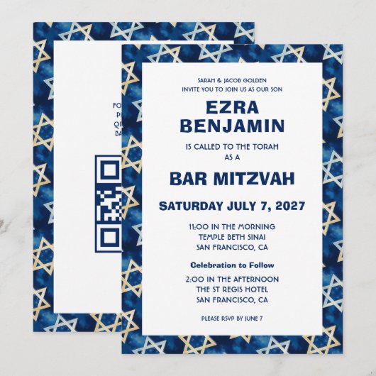 David Waterverf Custom QR Bar Bat Mitzvah Kaart (Voorkant / Achterkant)