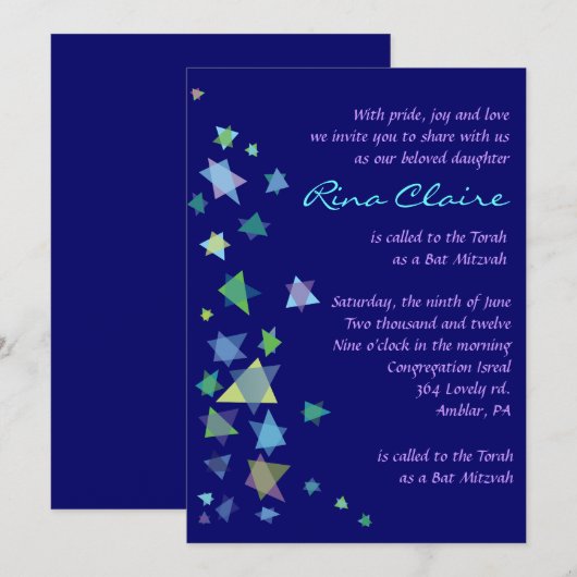 Davidster Bar en Bat Mitzvah uitnodiging Uitnodigi (Voorkant / Achterkant)