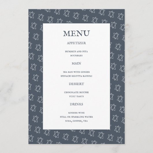 Davidster B'nai Bat Bar Mitswa Joodse bruiloft Menu (Voorkant)