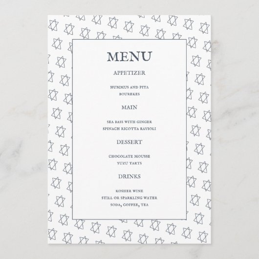 Davidster B'nai Bat Bar Mitswa Joodse bruiloft Menu (Voorkant)