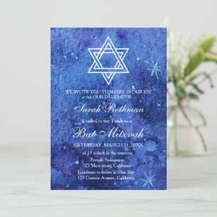 Davidster Elegante Eenvoudige Blauwe Bat Mitzvah Kaart