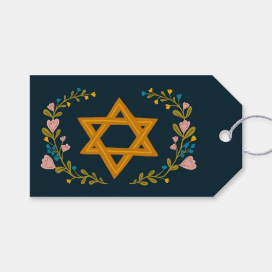 Davidster Handgetekende Bloemachtige Hanukkah Op M Cadeaulabel (Voorkant (Horizontaal))